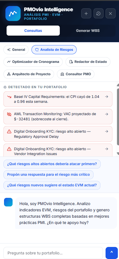 PMOvio Intelligence panel with the Risk Analyst active, alerts detected in the portfolio and suggested questions