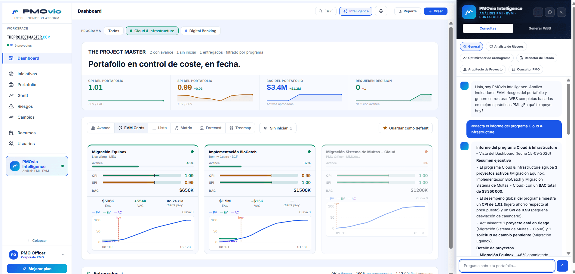 PMOvio dashboard with portfolio CPI and SPI, EVM cards per project and the Intelligence panel with its six agents